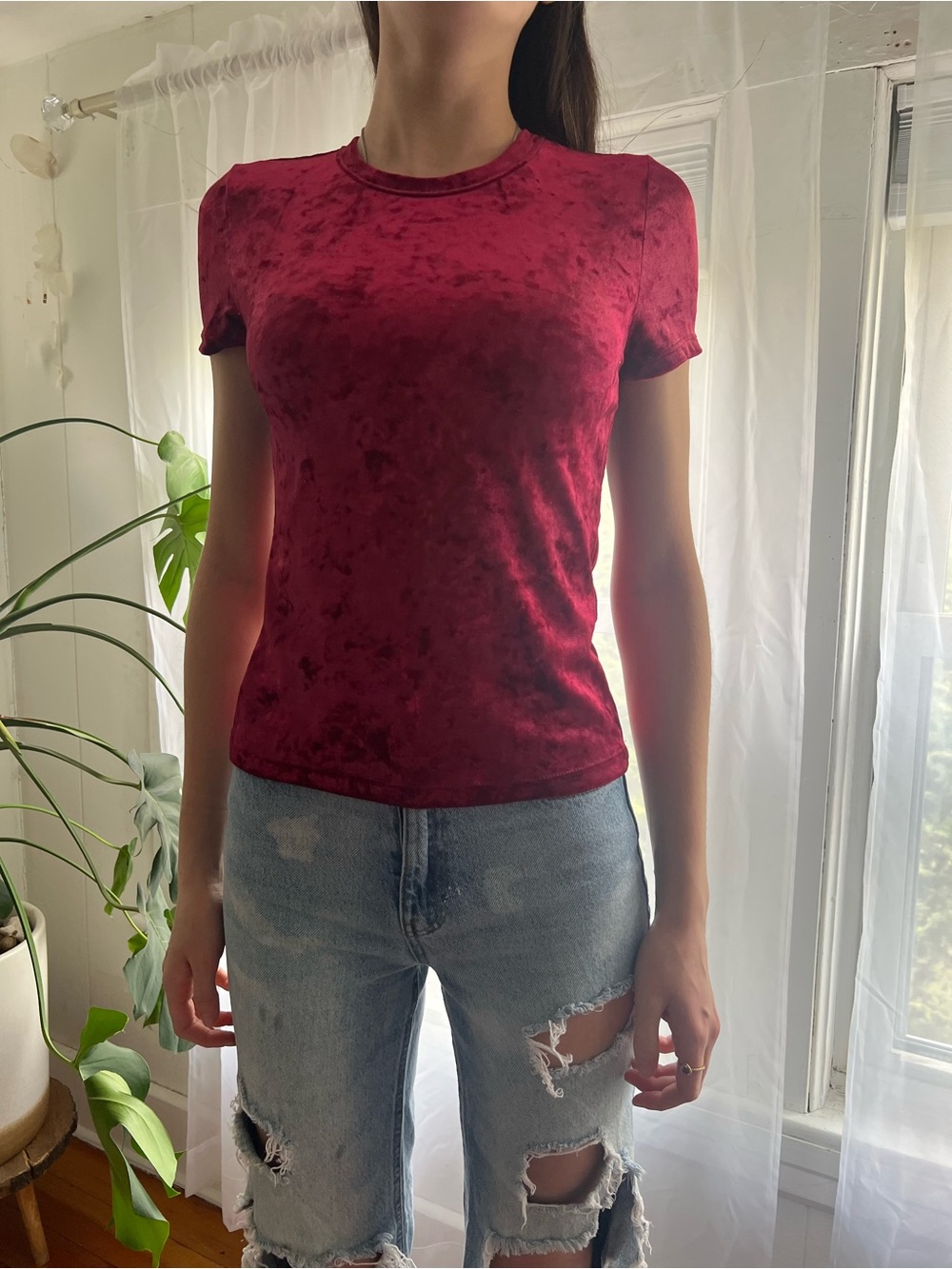 Free People Crushed Velvet Short Sleeve Tee in Wine